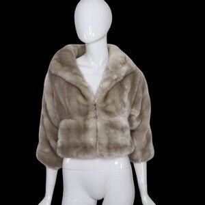 Gap Faux Fur Jacket Beige Tan Coat XS/S Short 3/4 Sleeve 1 Hook Pockets